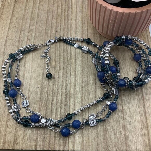Premier Designs "Denim" Multi Strands Silver Tone Blue Necklace Bracelet Bundle - Picture 3 of 8